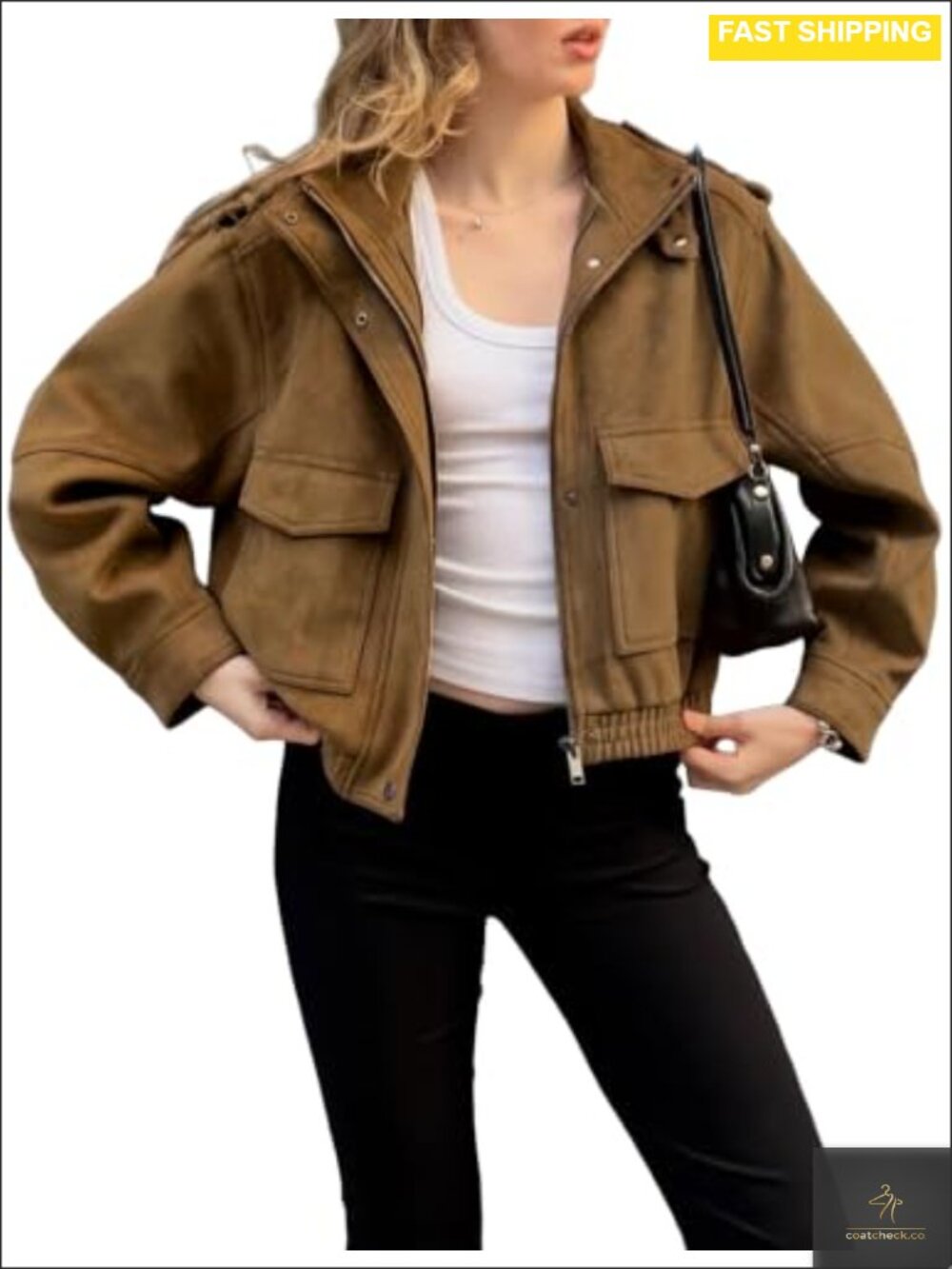 Faux Suede Cropped Oversized Bomber Jacket Womens Zip Utility Coat